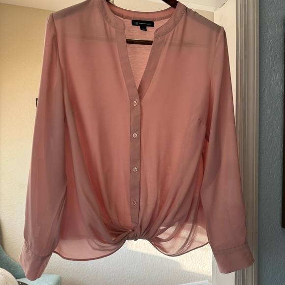 INC Twist Front Roll Cuff Button Down Mixed Media Peach Pink Mauve Blouse Size L - Picture 7 of 9